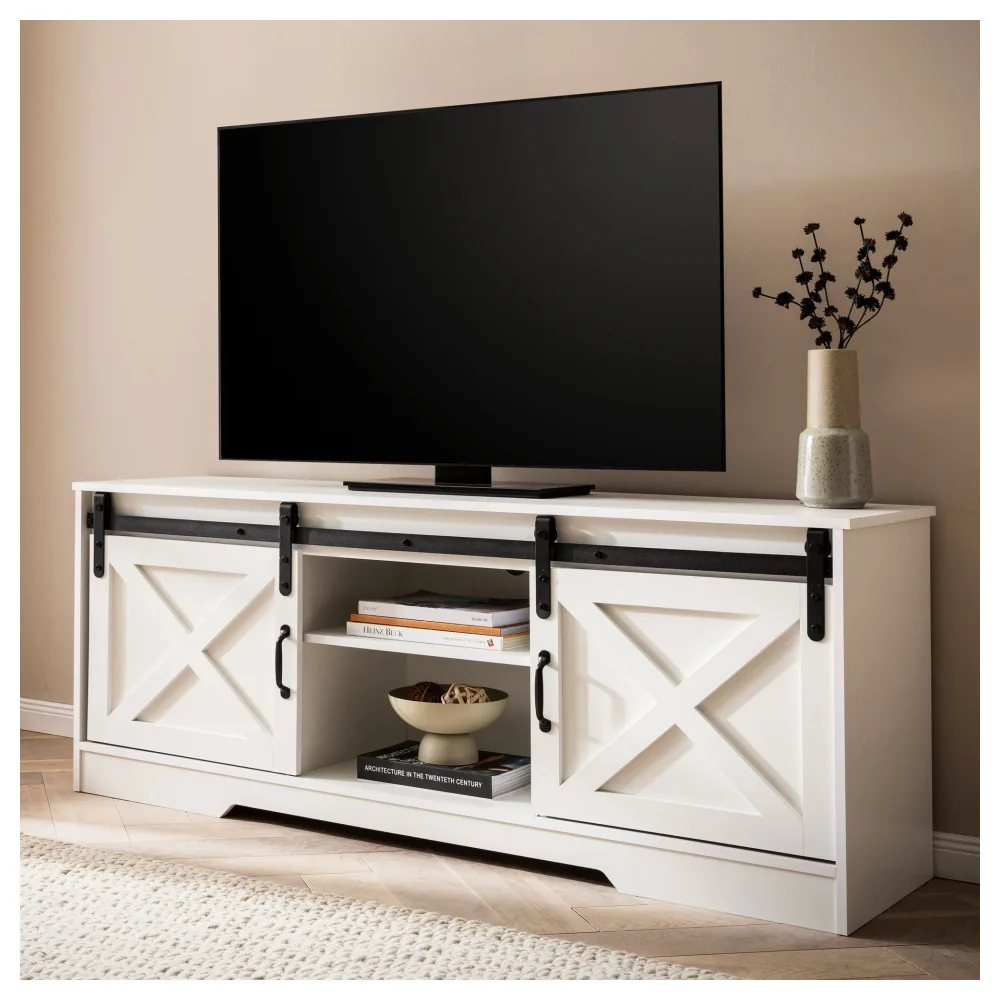 FineBuy Lowboard Weiß 150x59,5x39,5 cm TV-Kommode Landhaus-Stil Modern, Design TV-Schrank Hoch, Fernsehtisch Fernsehschrank mit zwei Schiebe-Türen, Fernsehkommode Wohnzimmer
