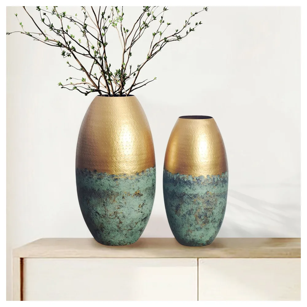 FineBuy Deko Vase 2er Set Aluminium Gold Patina Blumenvase Modern, Dekovase Punziert Rund 2-teilig für Blumen, Alu Tischvase Wohndeko Metall Tischdeko Handgefertigt