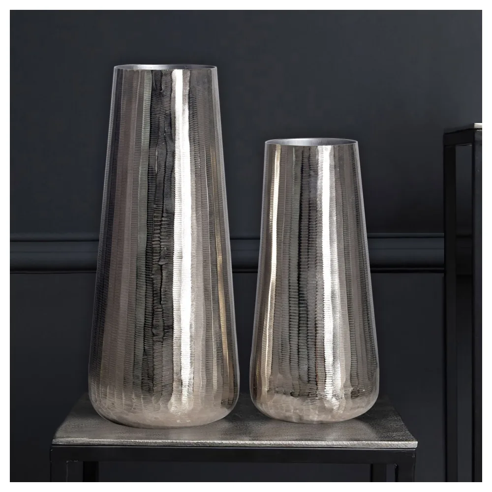 FineBuy Deko Vase 2er Set Aluminium Silber Rund Blumenvase Modern, Dekovase 2-teilig für Blumen, Alu Tischvase Wohndeko Metall Tischdeko Handgefertigt