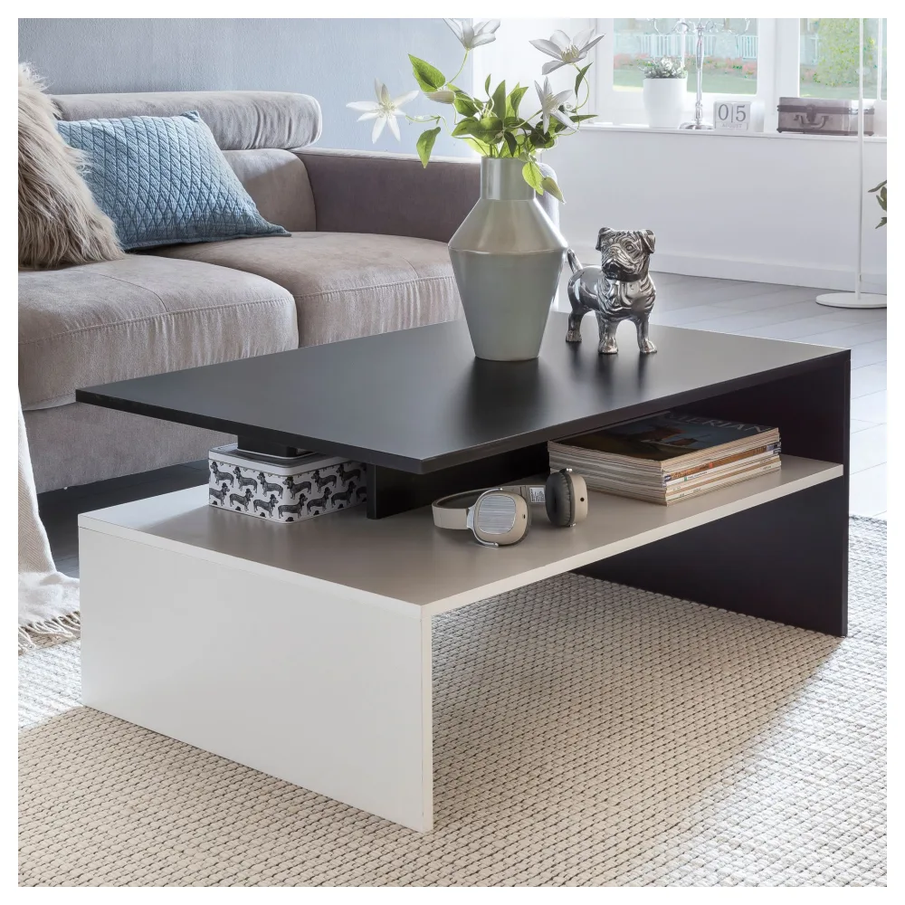 FineBuy Wohnzimmertisch 90 x 43 x 60 cm mit Ablage Holz Schwarz / Weiß, Design Wohnzimmer Couchtisch Zweiteilig mit Stauraum, Sofatisch Eckig Kaffeetisch Modern, Loungetisch Groß & Hoch