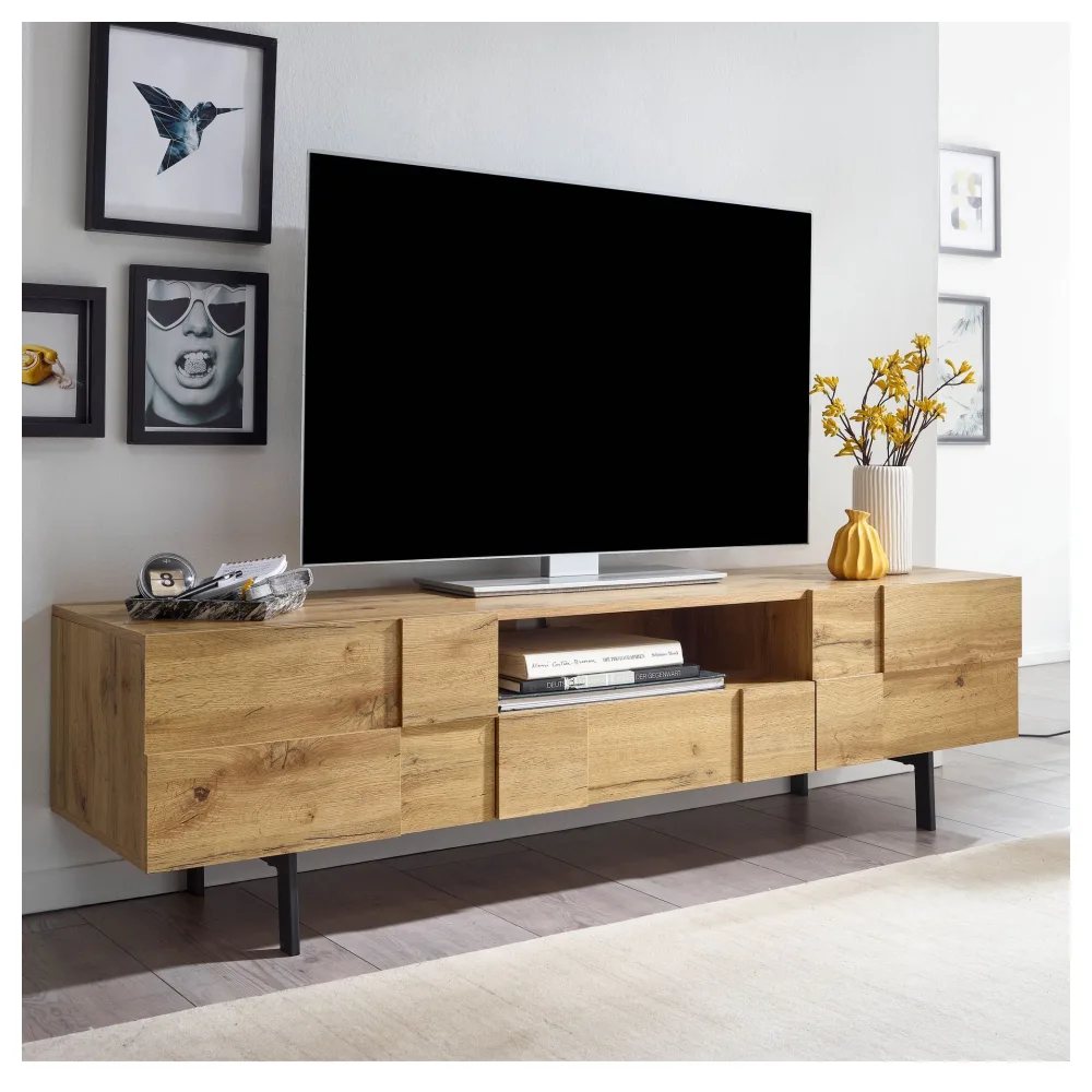 FineBuy Lowboard Holz Eiche-Dekor 160x46x43 cm TV-Kommode mit zwei Türen, Design TV-Schrank Hoch, Fernsehtisch Fernsehschrank Modern, Fernsehkommode Wohnzimmer