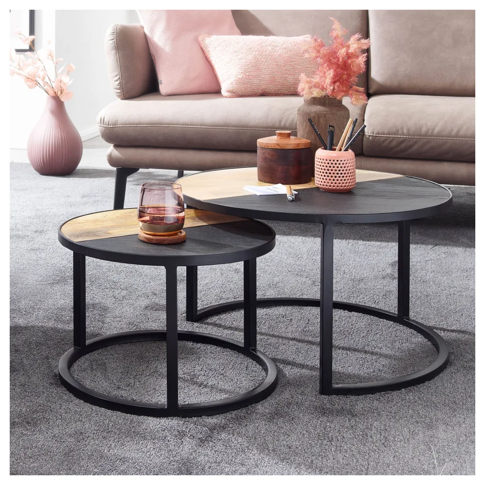 FineBuy Couchtisch Set 2er rund Mango Massivholz & Steinoptik · Wohnzimmertisch Beistelltisch mit Metallgestell Schwarz · Satztische im Industrial Loft Design