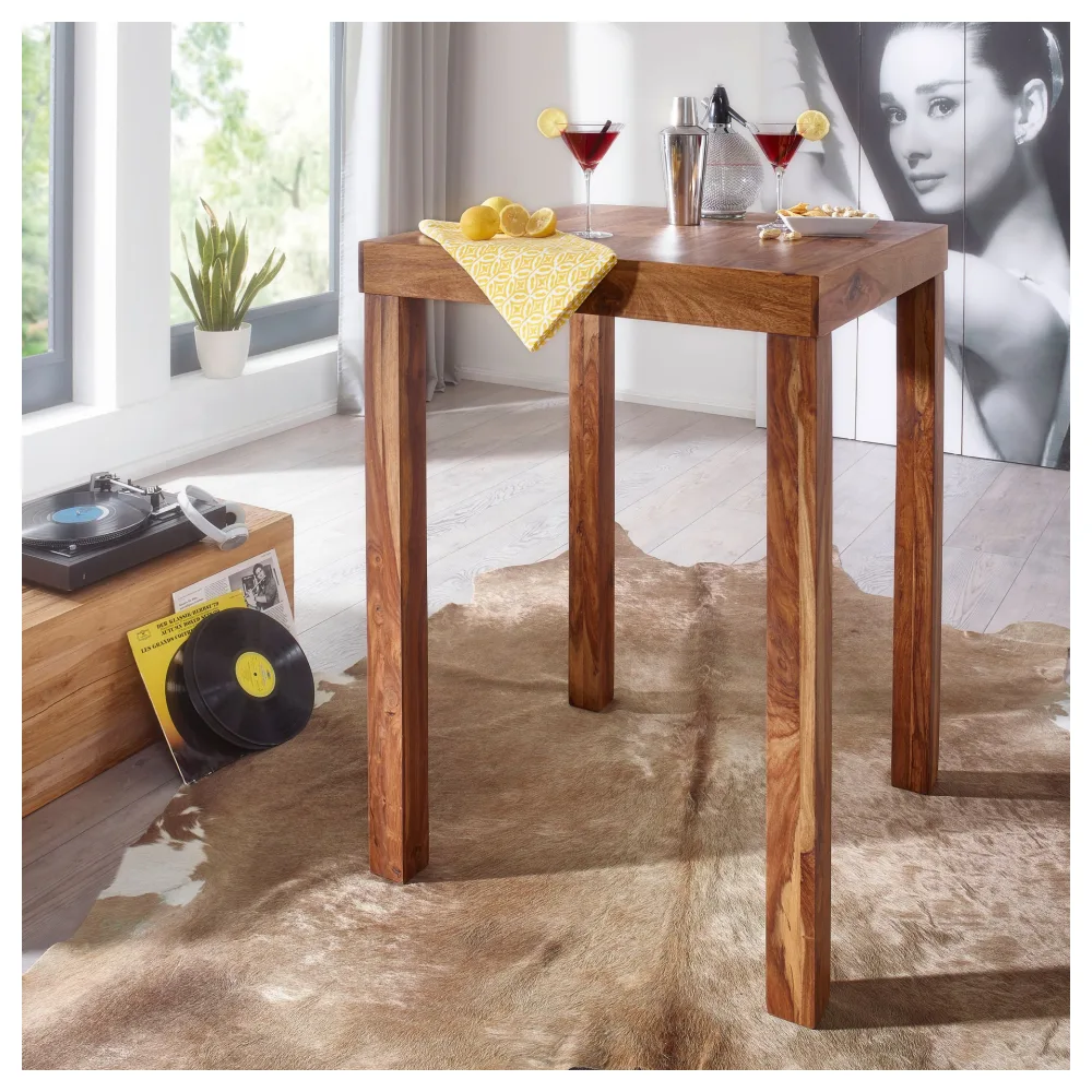 FineBuy Bartisch Massivholz Sheesham 80 x 80 x 110 cm Bistro-Tisch modern Landhaus-Stil Steh-Tisch quadratisch dunkel-braun Natur-Produkt Massiv-Holz-Möbel Hausbar Esstisch Echt-Holz unbehandelt