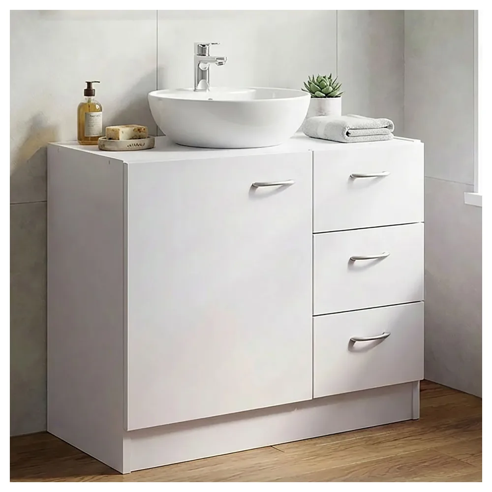 FineBuy Waschbecken-Unterschrank 54 x 63 x 30 cm weiß mit 1 Tür und 3 Schubladen, Unterstellschrank Bad mit Siphonausschnitt, Bad-Schrank klein Waschbecken