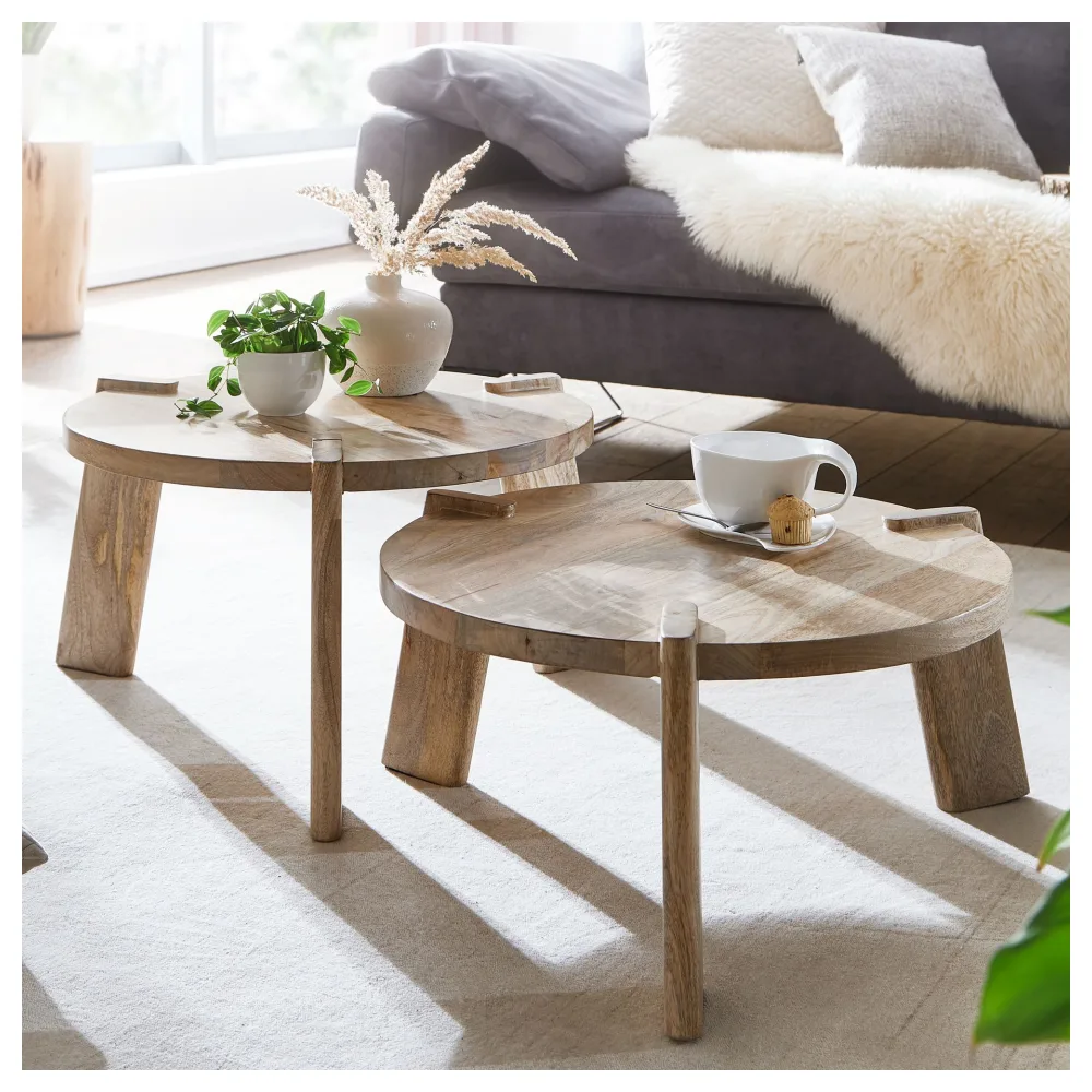 FineBuy Couchtisch Set 2er Mango Massivholz rund Natur · Wohnzimmertisch Beistelltisch im Japandi Design · Handgefertigte Satztische aus Echtholz mit Klarlack
