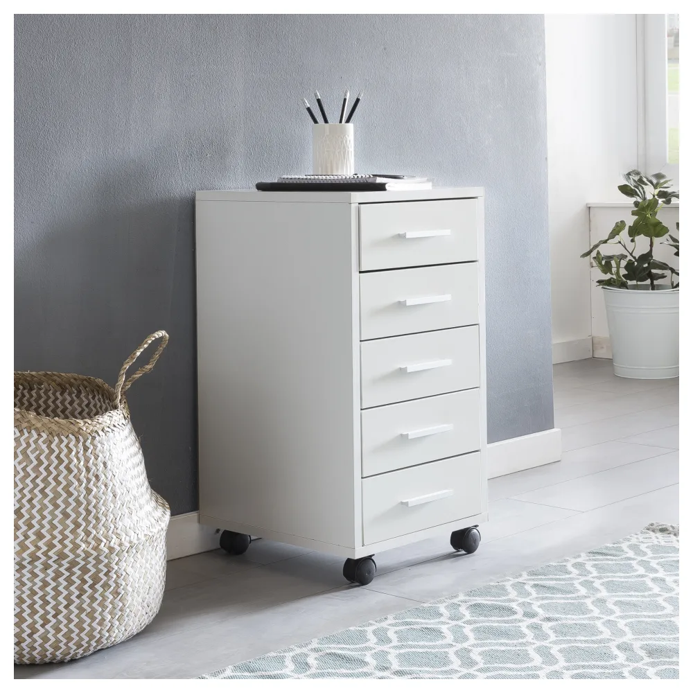 FineBuy Rollcontainer Weiß 33 x 63 x 38 cm Holz Schubladenschrank Schreibtisch, Büro Schrank mit 5 Schubladen, Container Rollschrank klein Standcontainer schmal, Schreibtischcontainer mit Rollen
