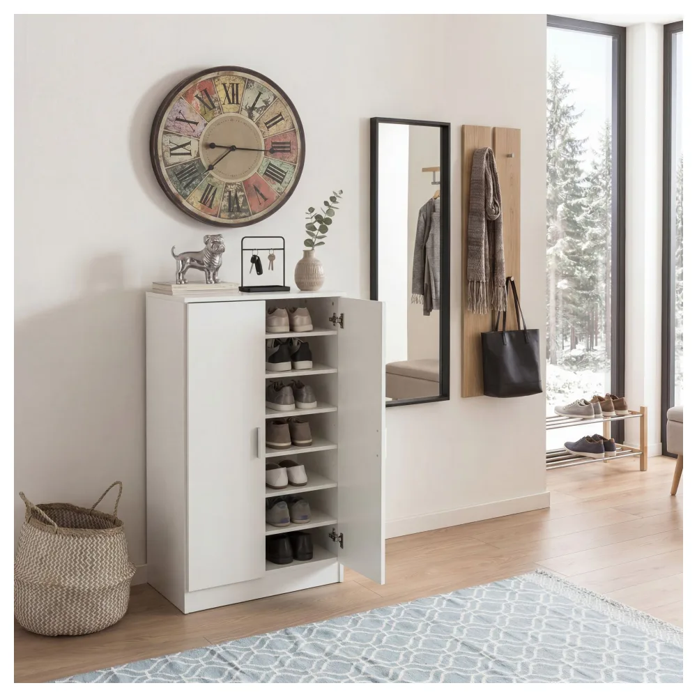 FineBuy Schuhschrank mit 2 Türen Weiß 55x108x35 cm Schuhregal Holz geschlossen, Design Dielenschrank Garderobenschrank schmal, Flurschrank hoch, Schuhaufbewahrung Garderobe Dielenmöbel