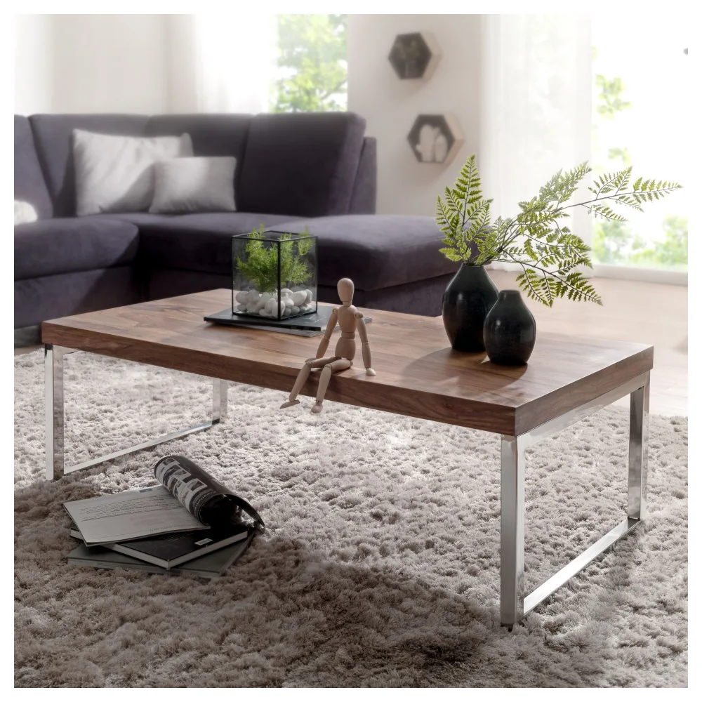 FineBuy Couchtisch 120 x 60 x 40 cm Sheesham Massiv Holz Tisch, Massiver Design Wohnzimmertisch aus Massivholz, Beistelltisch Rechteckig Braun