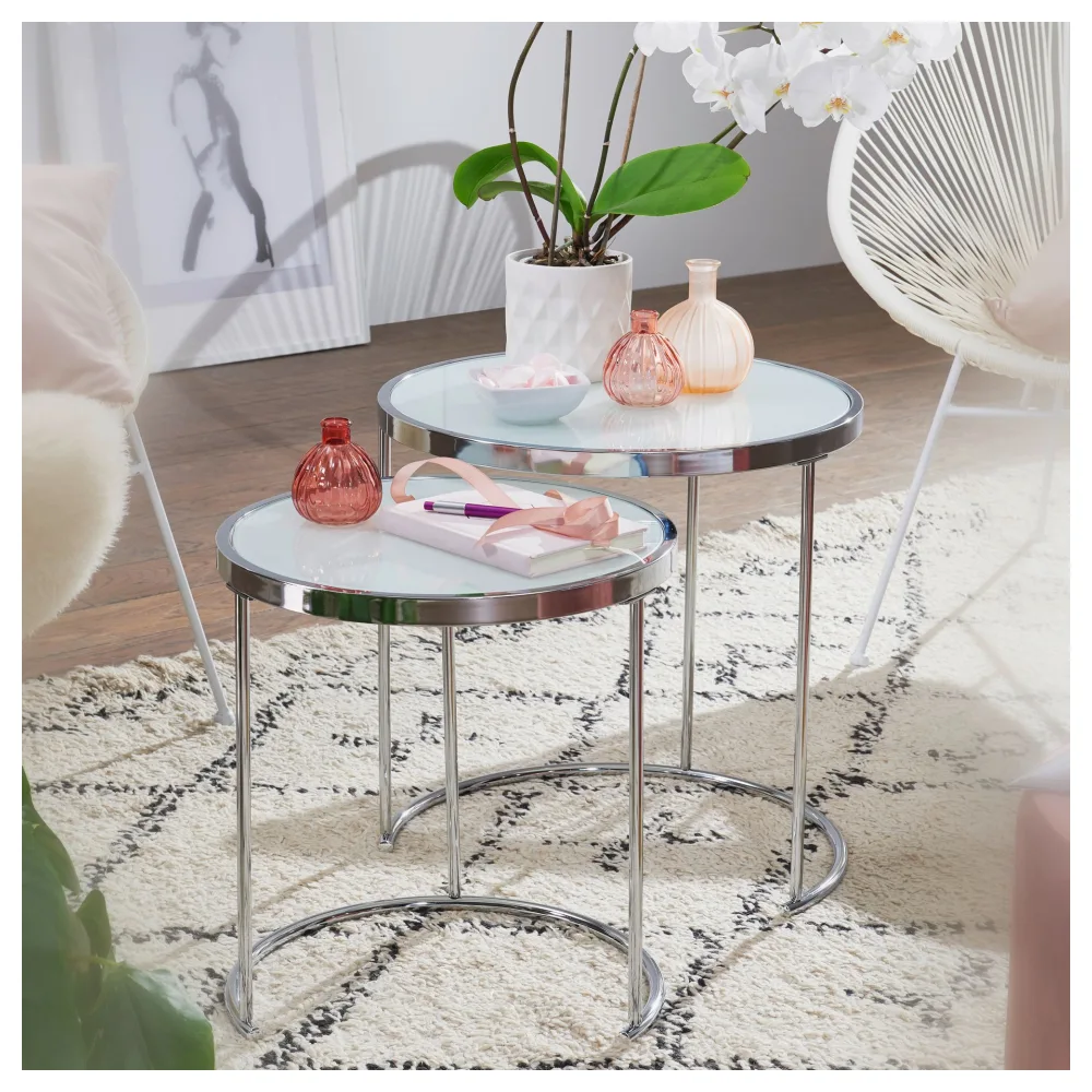 FineBuy Design Beistelltisch Rund Ø 50/42 cm - 2 teilig Weiß Silber mit Glasplatte, Wohnzimmertisch 2er Set, Satztisch Milchglas, Couchtisch