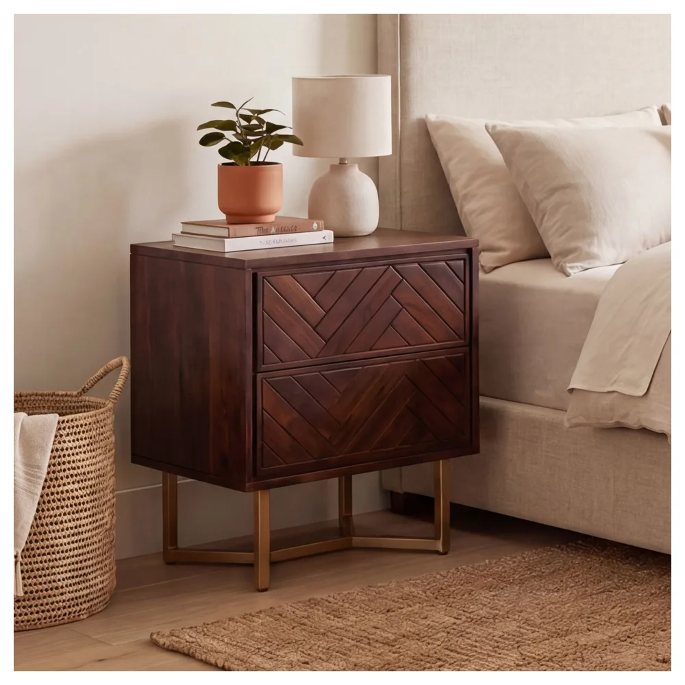 FineBuy Nachttisch Akazie Massivholz Braun mit 2 Schubladen & goldenem Metallgestell – Nachtkommode modern, Nachtkästchen für Boxspringbett – 45x40x57 cm