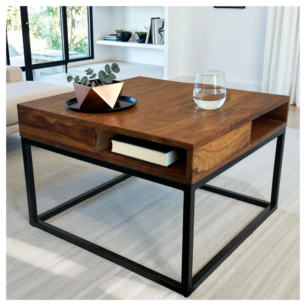 FineBuy Couchtisch Sheesham Massivholz 60x60 cm · Quadratischer Wohnzimmertisch mit Ablagen · Naturfarbener Holztisch mit stabilem Metallgestell im modernen Design