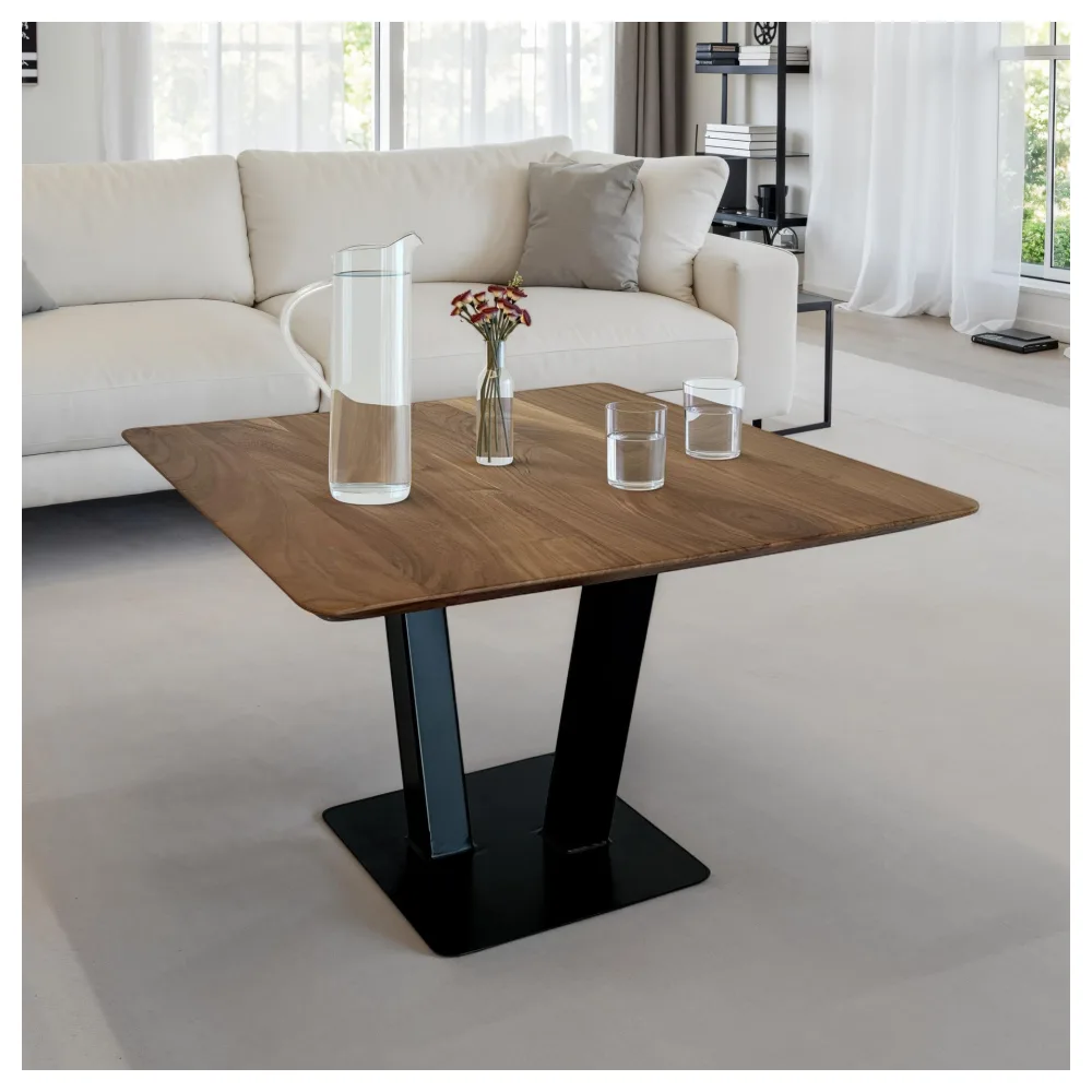 FineBuy Couchtisch quadratisch 60x60 cm Akazie Massivholz · Moderner Industrial Wohnzimmertisch mit Metallgestell · Handgefertigt · Natürlich & stabil