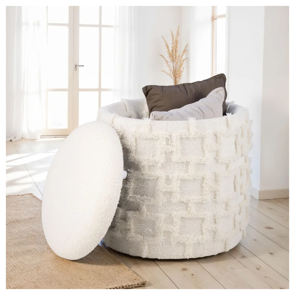 FineBuy Sitzhocker mit Stauraum 45x40 cm, Runder Polsterhocker mit weichem Strukturstoff & Deckel, Moderner Aufbewahrungshocker in Creme, Bequemer Hocker für Wohnzimmer, Schlafzimmer & Flur