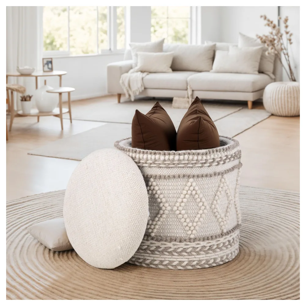 FineBuy Sitzhocker mit Stauraum – Ø 40 x H 45 cm – runder Aufbewahrungshocker aus Stoff mit Boho Design – gepolsterter Fußhocker, Beistellhocker, ideal für Wohnzimmer & Schlafzimmer