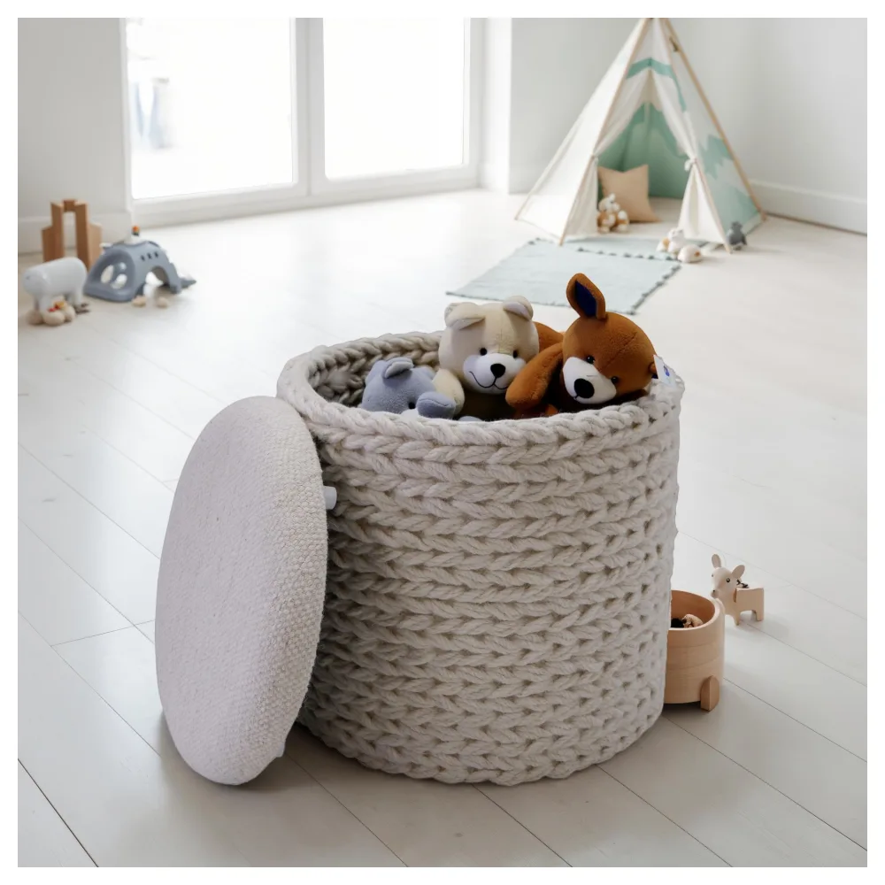 FineBuy Sitzhocker mit Stauraum aus Wolle rund 40x40x45 cm, Hocker mit abnehmbarem Deckel, Beistellhocker handgefertigt im Boho Stil, Creme Weiß