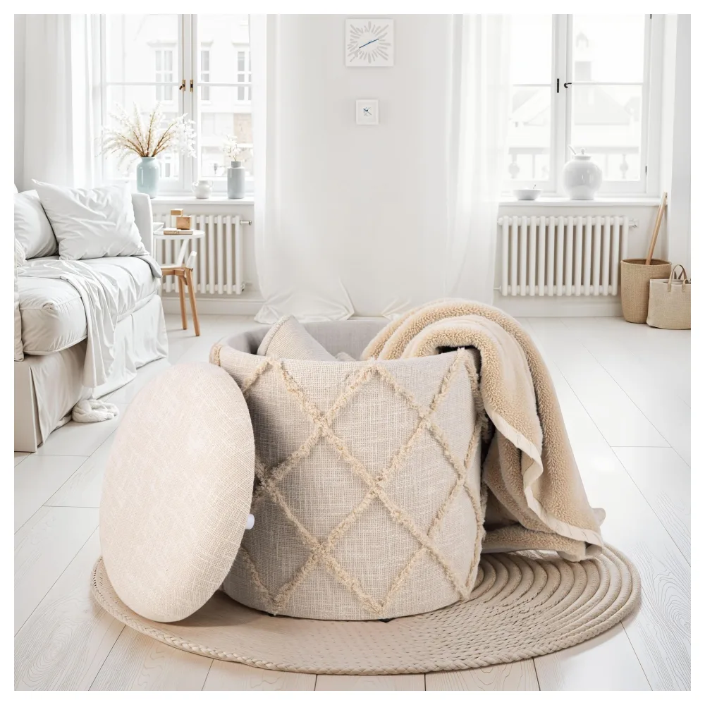 FineBuy Sitzhocker mit Stauraum rund 40x40x45 cm, Polsterhocker Creme Baumwolle Boho Design, Hocker mit abnehmbarem Deckel & Staufach, Stoff Dekohocker für Wohnzimmer, Schlafzimmer & Flur