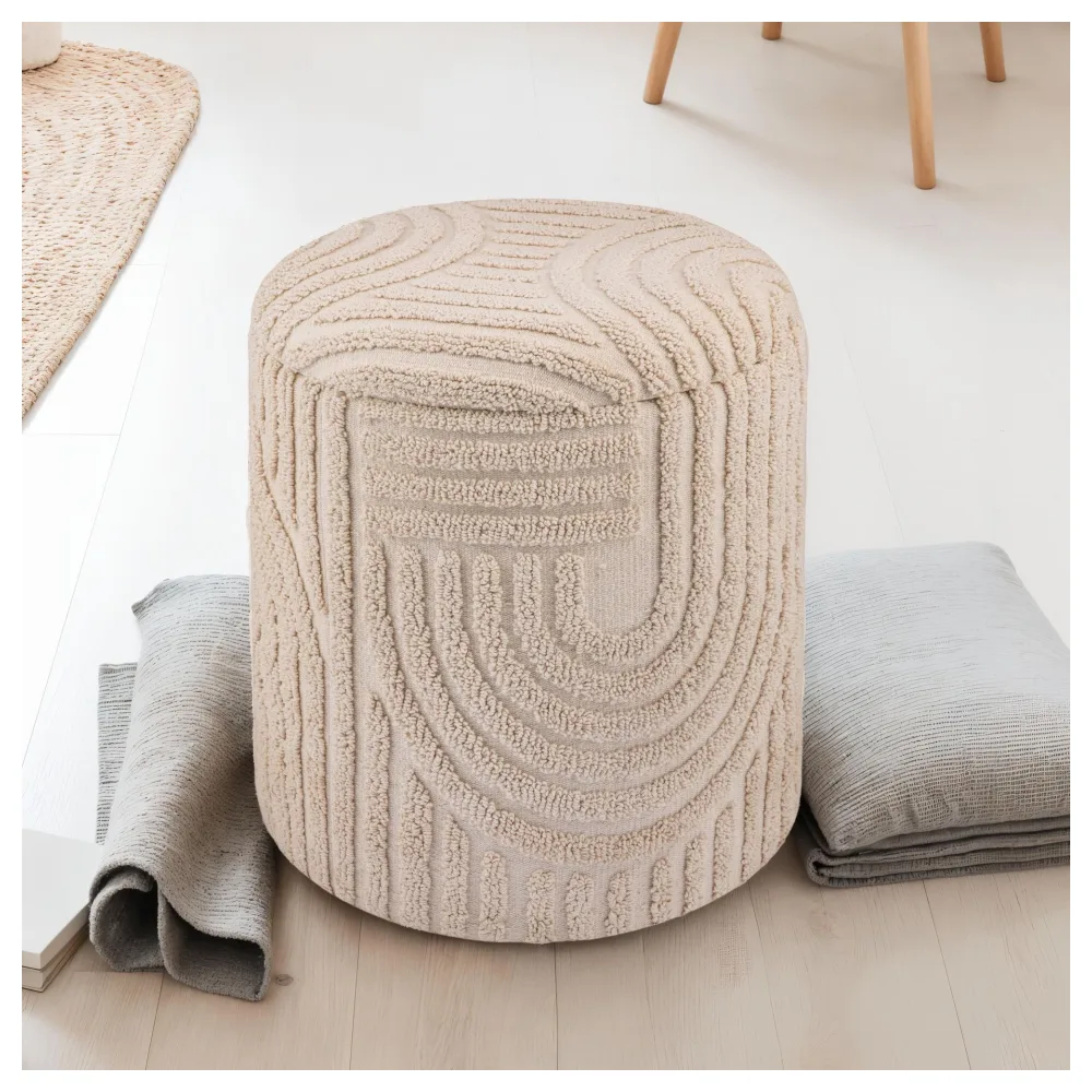 FineBuy Dekohocker mit Stauraum aus Baumwolle rund Ø40×45 cm, Sitzhocker mit abnehmbarem Deckel, Beistellhocker Beige, Polsterhocker Boho Design für Wohnzimmer & Schlafzimmer