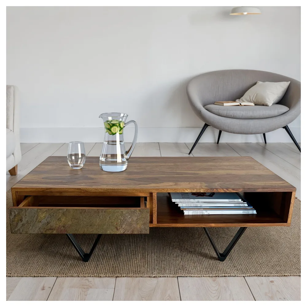 FineBuy Couchtisch rechteckig Sheesham Massivholz 115 cm, Wohnzimmertisch mit 2 Schubladen & Ablagefach, Steinoptik Front, Metallgestell Schwarz