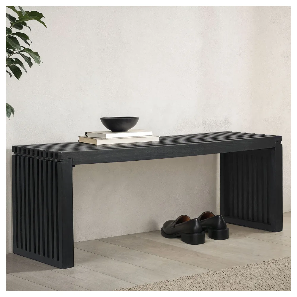 FineBuy Sitzbank 120 cm aus Akazie Massivholz Schwarz, Garderobenbank & Bettbank modern, Flurbank Holz für Eingangsbereich Schlafzimmer Wohnzimmer
