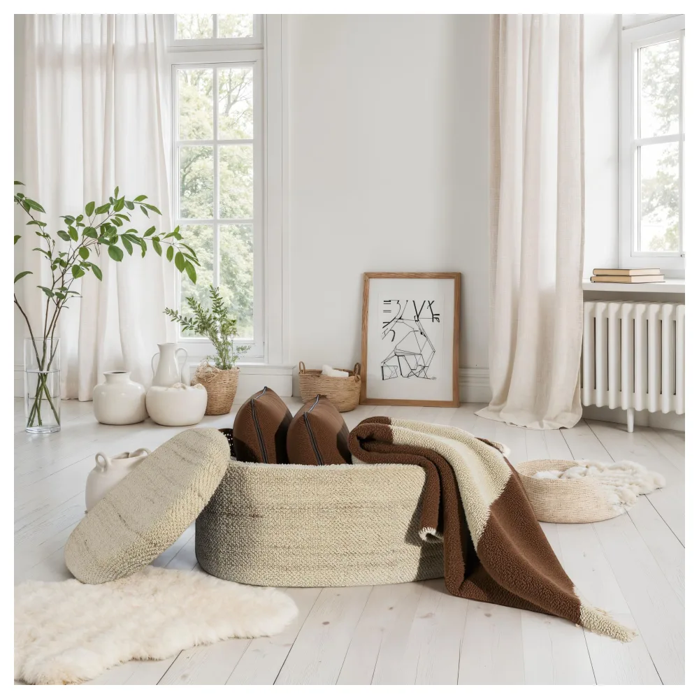 FineBuy Sitzhocker mit Stauraum Wolle oval 81 cm, abnehmbarer Deckel, Polsterhocker Stoff modern in Braun, Aufbewahrungshocker gepolstert für Wohnzimmer Schlafzimmer Flur