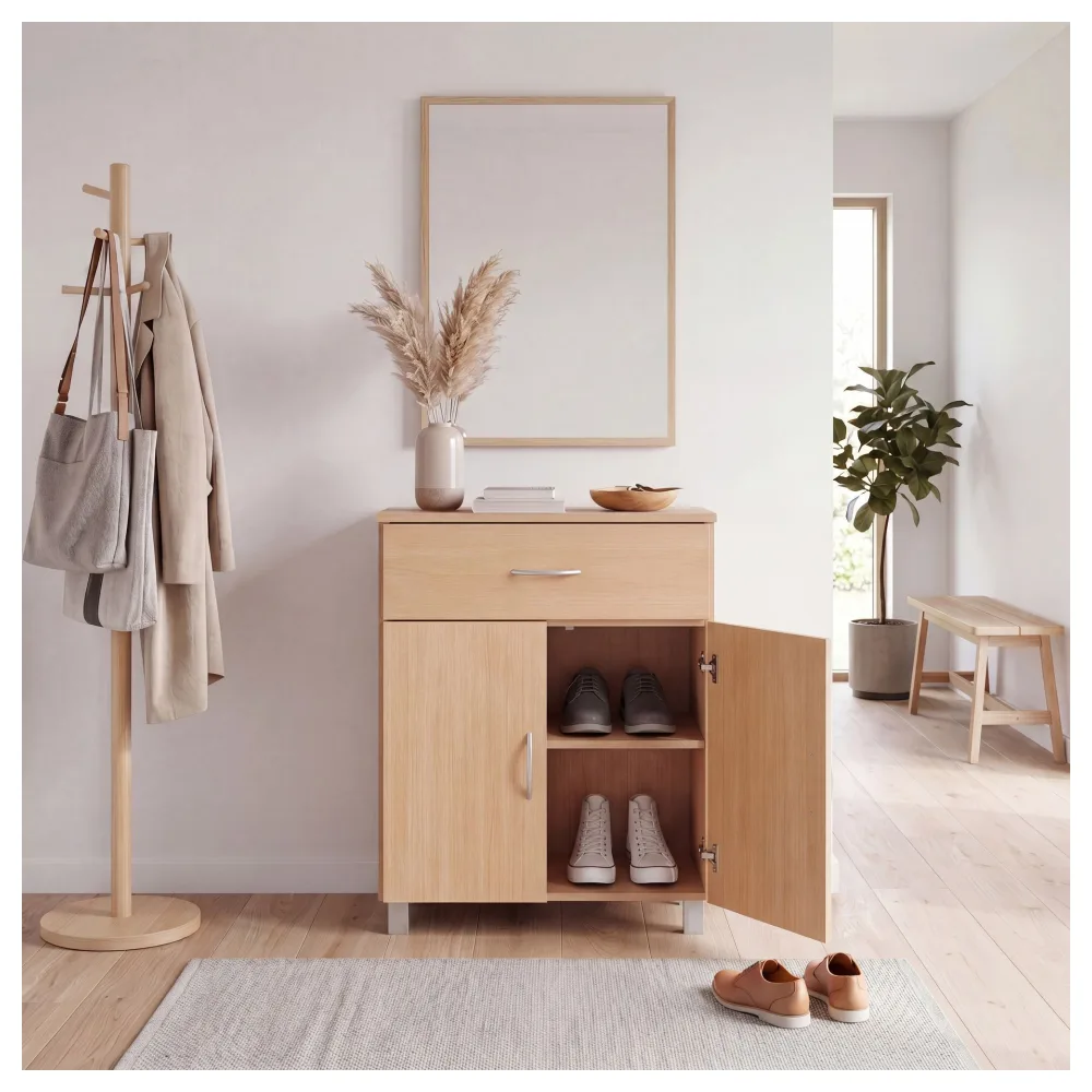 FineBuy Schuhschrank mit Schublade und 2 Türen 60×75×30 cm Buche Optik, Platzsparende Schuhkommode aus Spanplatte melaminbeschichtet, Flurmöbel Schuhregal modern