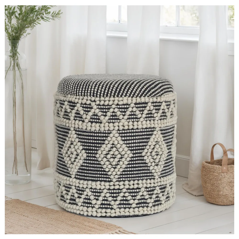 FineBuy Sitzhocker aus Wolle Ø 40 x 45 cm Grau-Creme Rund Boho Hocker mit Stauraum & abnehmbarem Deckel, Polsterhocker Modern für Wohnzimmer Schlafzimmer Flur