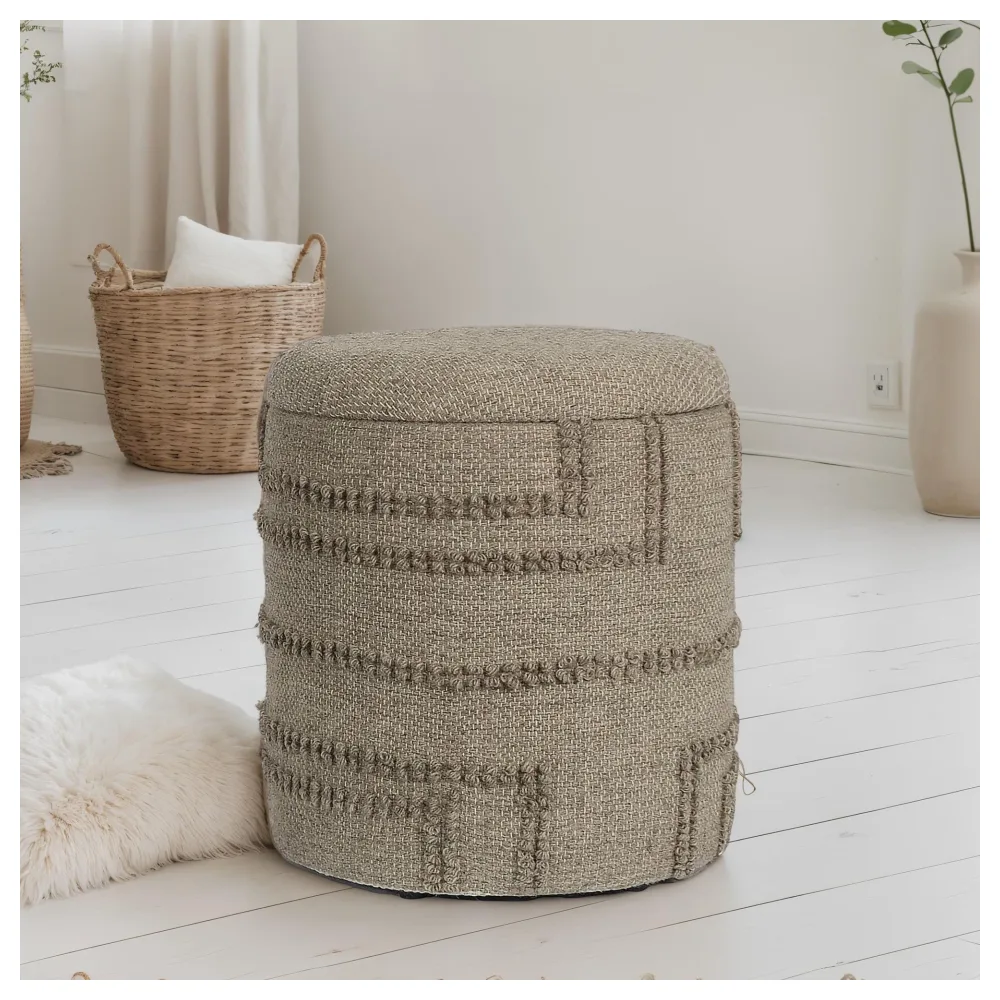 FineBuy Sitzhocker rund aus Wolle Ø 40 x 45 cm Braun mit Stauraum, abnehmbarer Deckel, Hocker mit Staufach, Beistellhocker & Polsterhocker für Wohnzimmer Schlafzimmer Flur im modernen Boho Design