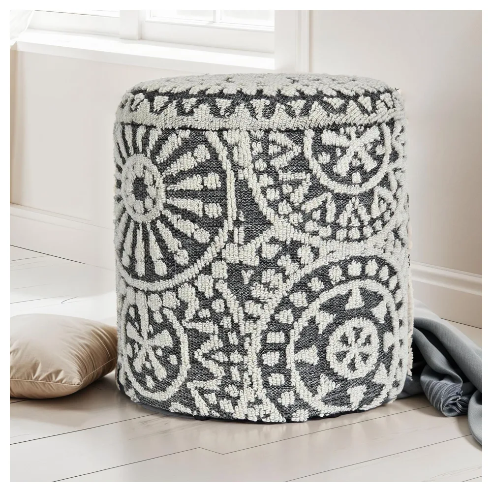 FineBuy Sitzhocker rund Ø 40 × 45 cm Grau-Creme aus Wolle mit Stauraum, abnehmbarer Deckel, Fußhocker im Boho Design, Aufbewahrungshocker für Wohnzimmer Schlafzimmer Flur
