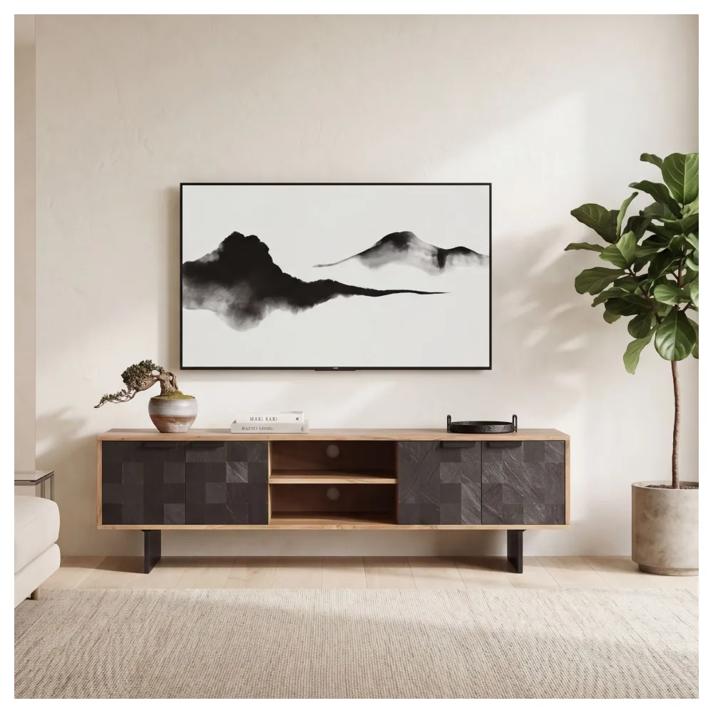 FineBuy Lowboard Akazie Massivholz 150 cm, TV Board mit Steinoptik Fronten & Metallgestell, Fernsehtisch modern mit Stauraum & Kabeldurchführung, TV Schrank Design Industrial für Wohnzimmer