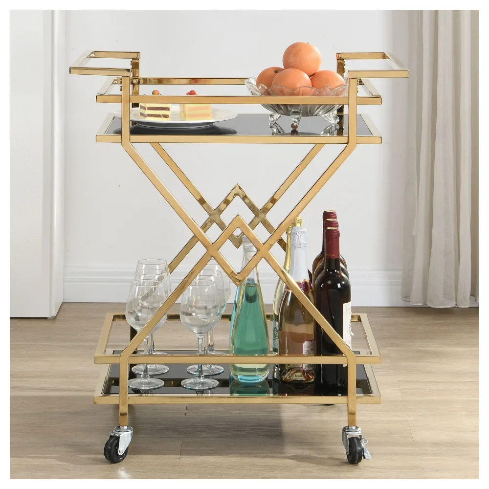 FineBuy Servierwagen Gold mit Glasablagen 65x80x40 cm, Moderner Barwagen auf Rollen, Design Getränkewagen & Teewagen Metall Schwarz Gold für Wohnzimmer Küche Esszimmer Rollwagen Multifunktional