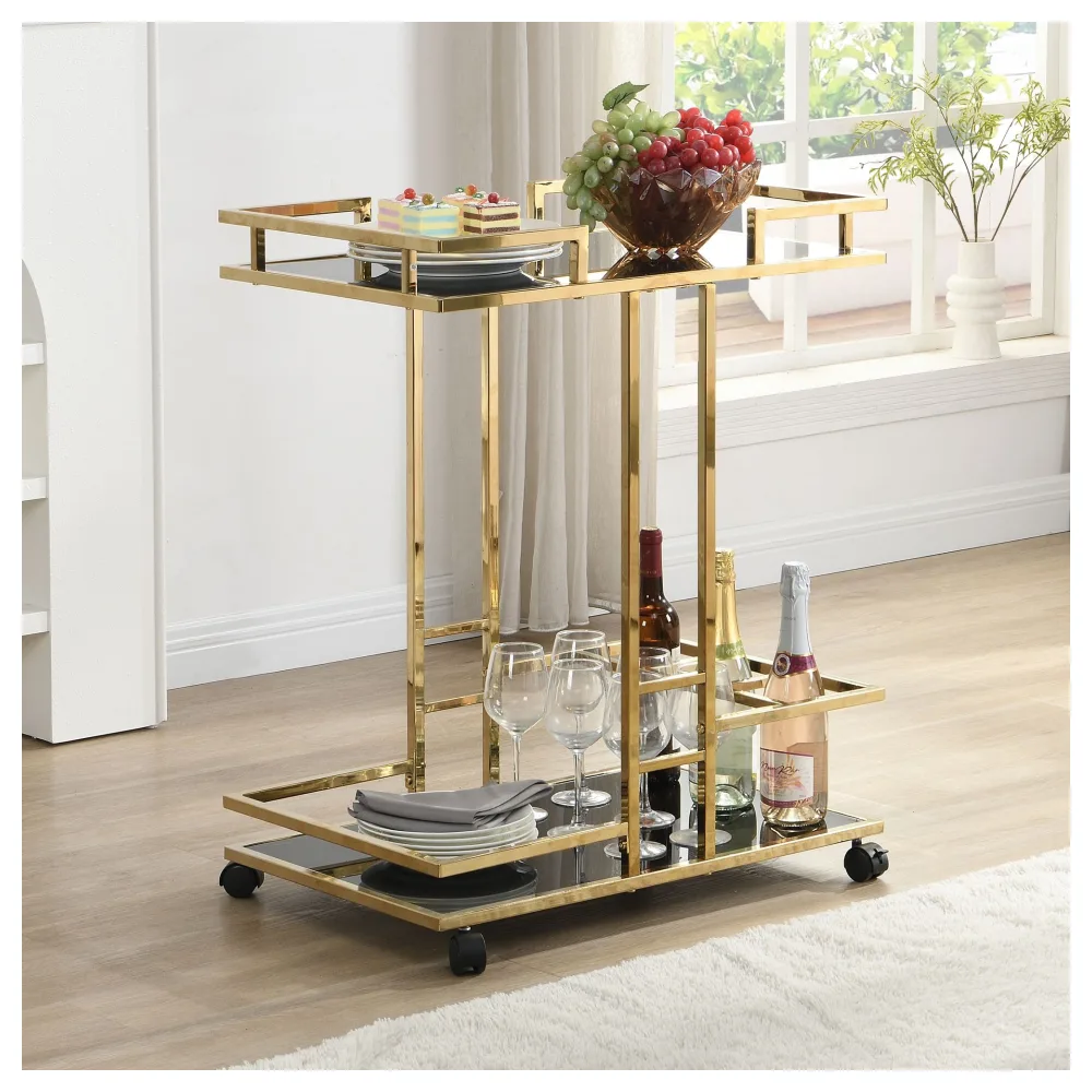 FineBuy Servierwagen Gold Metall mit Glas Ablagen auf Rollen 67,5x83,5x43 cm, Moderner Barwagen mit Flaschenhalter, Teewagen Getränke Trolley für Wohnzimmer Küche Hausbar Rollwagen Multifunktional
