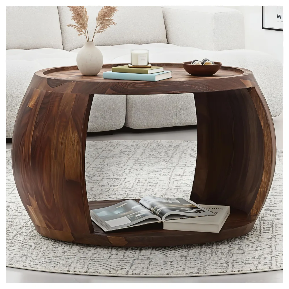 FineBuy Couchtisch Sheesham Massivholz rund 60cm · Wohnzimmertisch mit Ablagefach · Handgefertigter Sofatisch aus Echtholz im natürlichen Landhaus Design