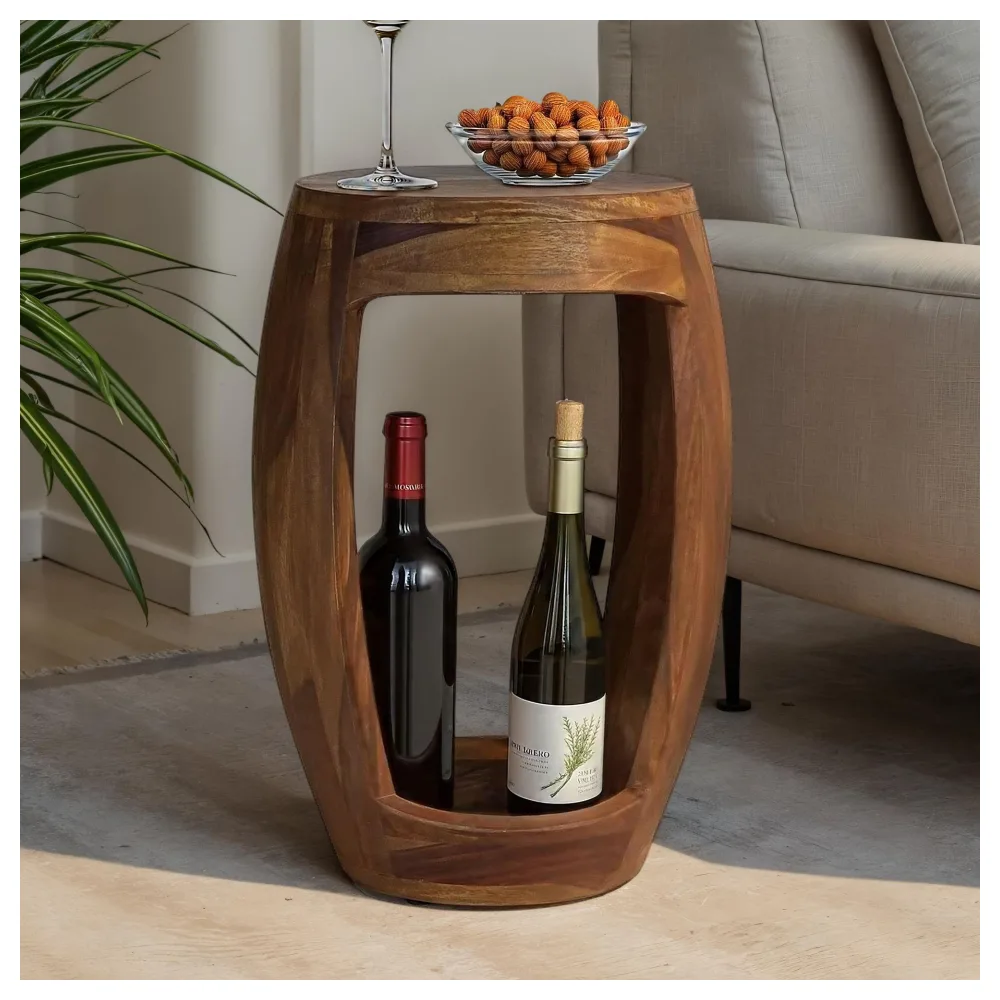FineBuy Beistelltisch Sheesham Massivholz rund 30cm · Kleiner Runder Couchtisch mit offenem Fach · Handgefertigter Wohnzimmertisch im modernen Design aus Echtholz
