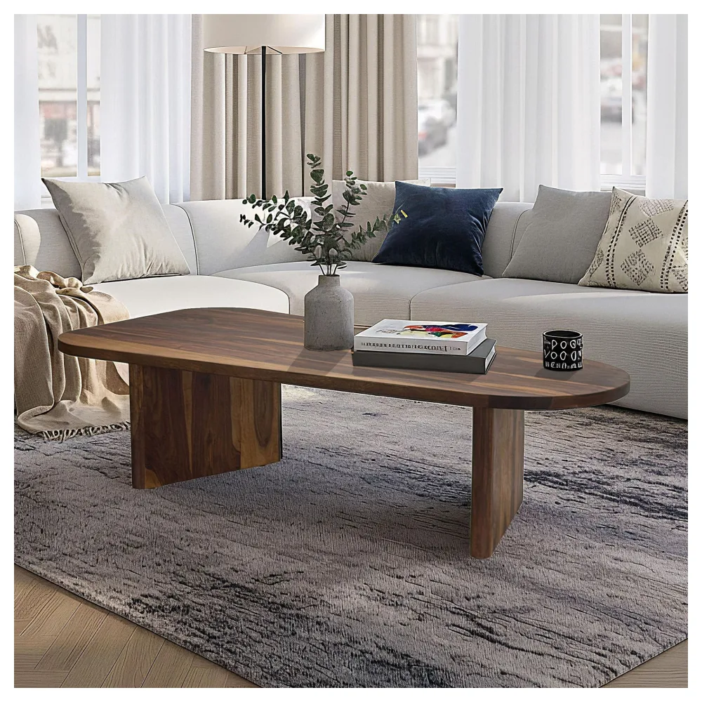 FineBuy Couchtisch Sheesham Massivholz oval 120cm · Handgefertigter Wohnzimmertisch im modernen Design mit abgerundeter Form · Flacher Sofatisch aus Echtholz
