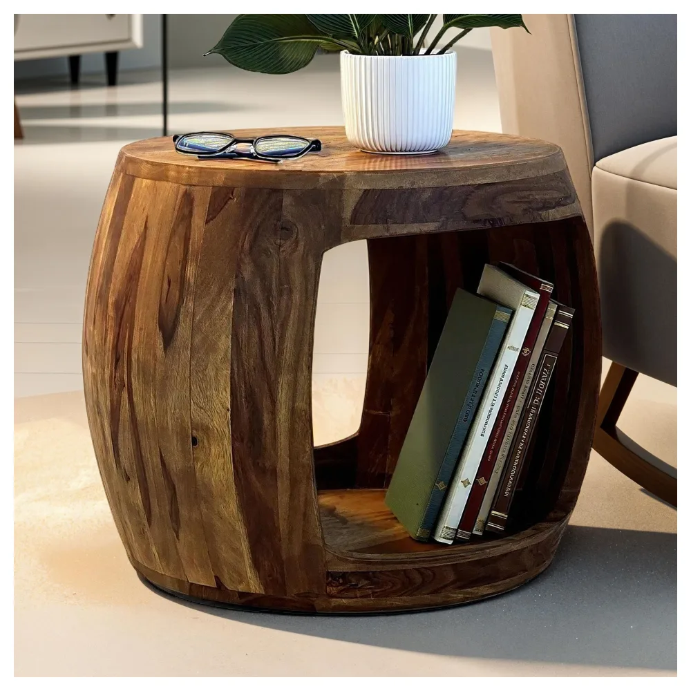 FineBuy Beistelltisch Ø 50cm Sheesham Massivholz rund mit Ablagefach – Couchtisch Echtholz handgefertigt, Wohnzimmertisch im Naturdesign