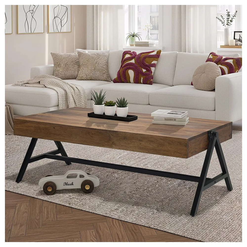 FineBuy Couchtisch Sheesham Massivholz rechteckig 120cm · Wohnzimmertisch mit Metallgestell · Handgefertigter Sofatisch im modernen Industrial Design mit stabiler Tischplatte