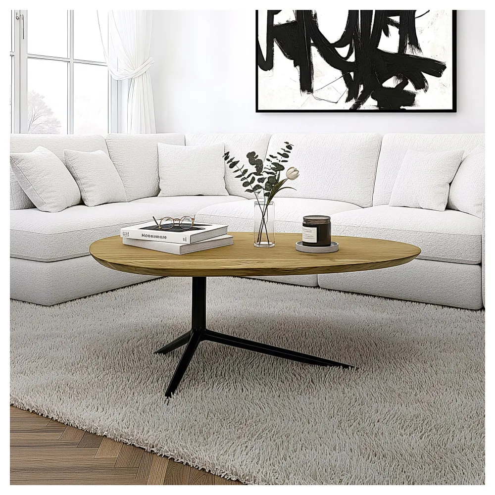 FineBuy Couchtisch Akazie Massivholz oval 87cm · Ovaler Design Wohnzimmertisch mit schwarzem Metallgestell · Moderner Sofatisch handgefertigt