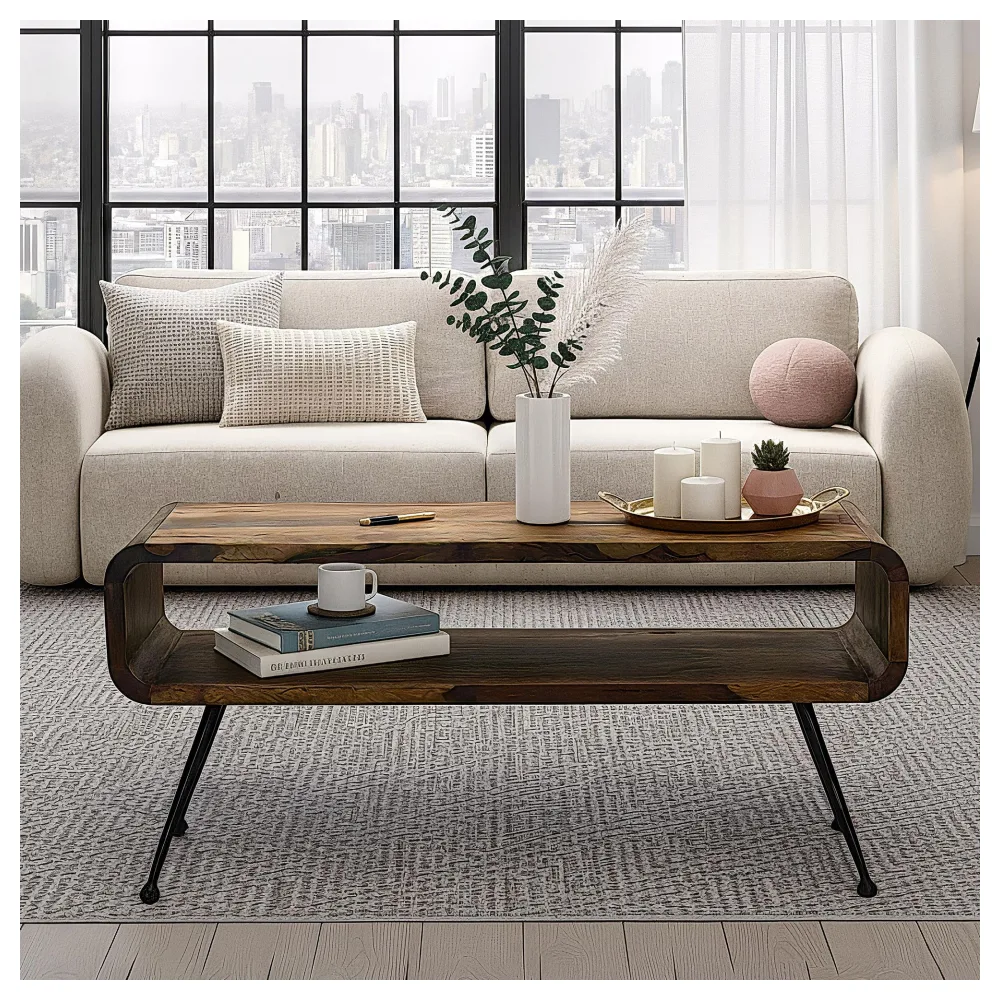 FineBuy Retro Couchtisch Sheesham Massivholz 100cm · Wohnzimmertisch rechteckig mit Ablagefach · Handgefertigter Sofatisch aus Holz mit Metallbeinen im Industrial Design