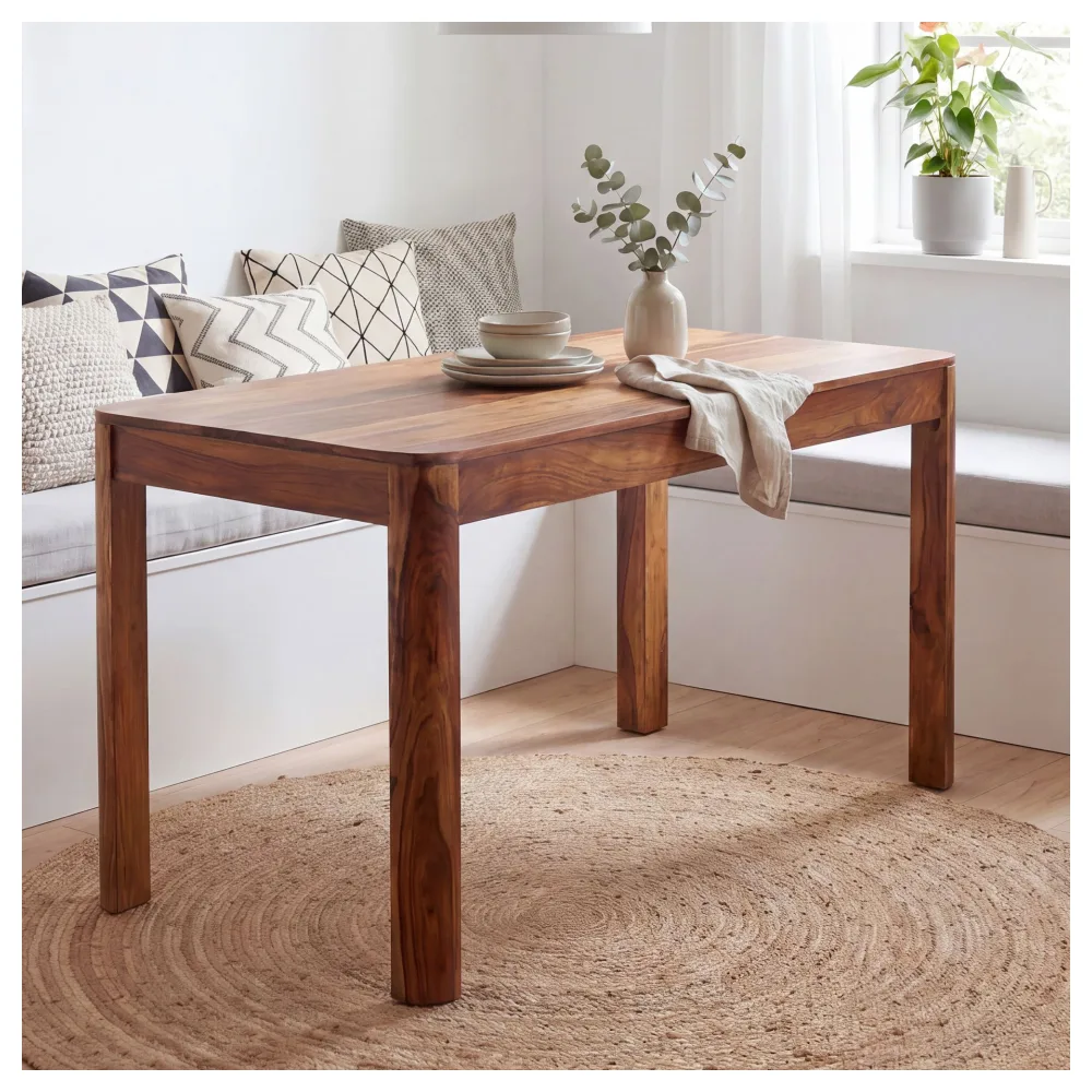 FineBuy Esstisch Sheesham Massivholz 120cm für bis zu 6 Personen · Rechteckiger Esszimmertisch im Landhaus Design · Handgefertigter Küchentisch mit abgerundeten Kanten für Esszimmer oder Küche