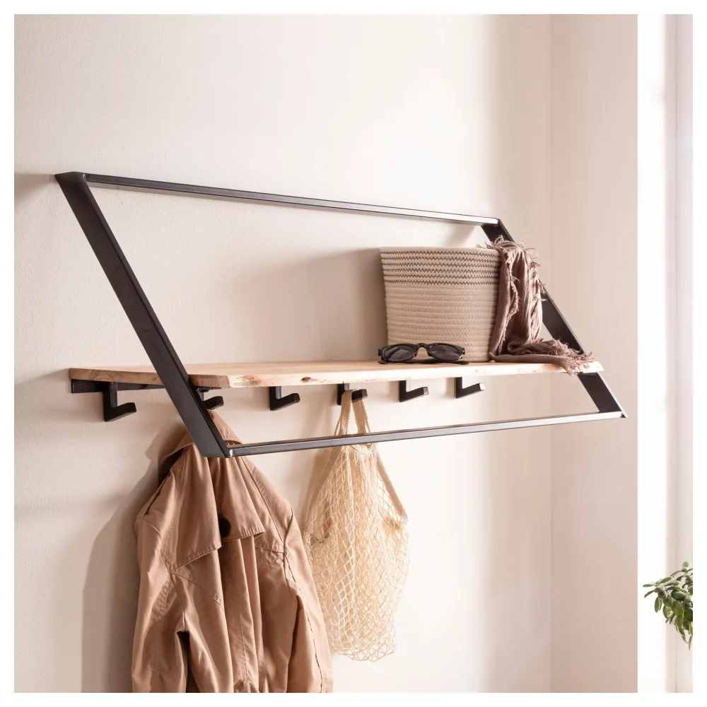 FineBuy Wandgarderobe Akazie Massivholz 100 cm mit Ablage - Industrial Garderobenpaneel mit Hutablage - Wand Garderobenleiste Hakenleiste - 6 Metall Kleiderhaken & Kleiderstange