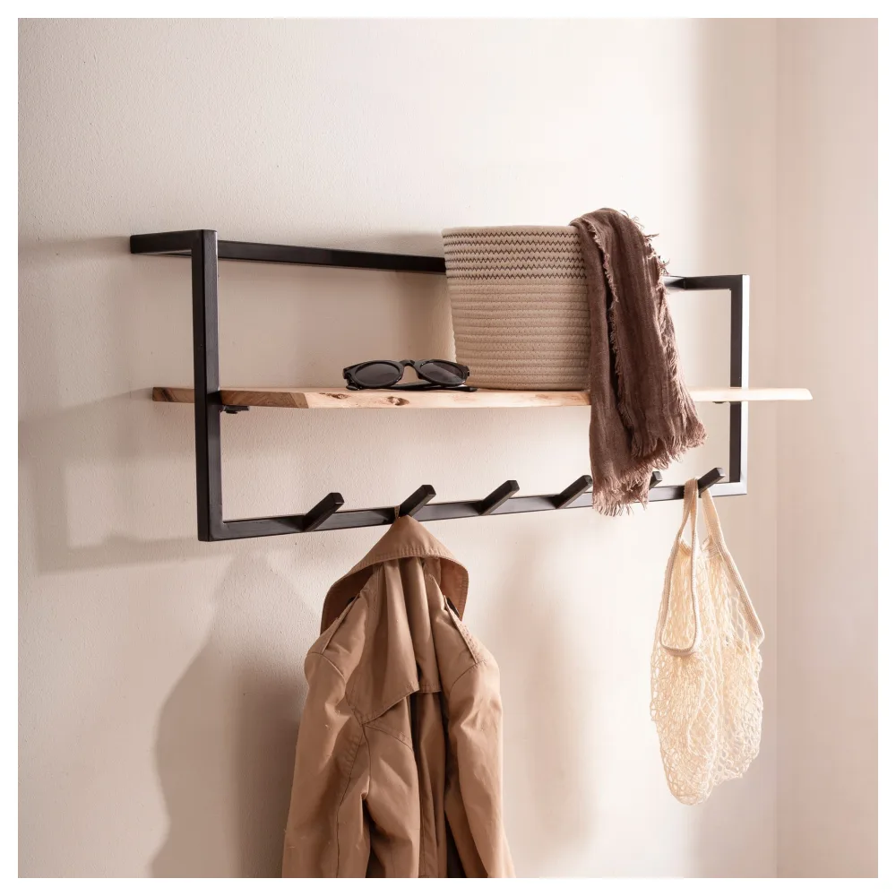 FineBuy Garderobe aus Massivholz Akazie mit Baumkante 100 cm - Industrial Wandgarderobe mit Ablage & 6 Haken - Garderobenleiste mit Metallrahmen Schwarz Handgefertigt
