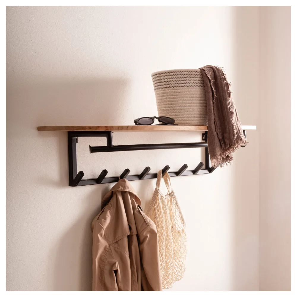 FineBuy Wandgarderobe Akazie Massivholz 100 cm mit Ablage - Industrial Garderobenpaneel mit Hutablage - Wand Garderobenleiste Hakenleiste - 8 Metall Kleiderhaken & Kleiderstange