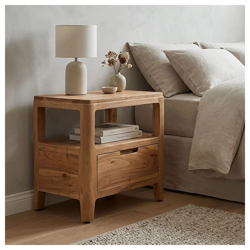 FineBuy Nachttisch Massivholz Akazie 45x35x46cm - Nachtkonsole mit Schublade & offenen Ablagen - Nachtkästchen Holz - Nachtschrank Schlafzimmer - Nachtkommode Modernes Design