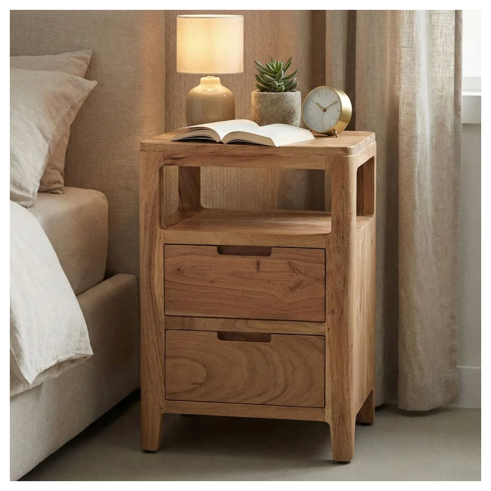FineBuy Nachttisch Akazie Massivholz 40x60x30 cm - Nachtkonsole mit zwei Schubladen und offenen Ablageflächen - Massivholz Nachtkästchen Boxspringbett - Nachtschrank Nachtkommode Schlafzimmer