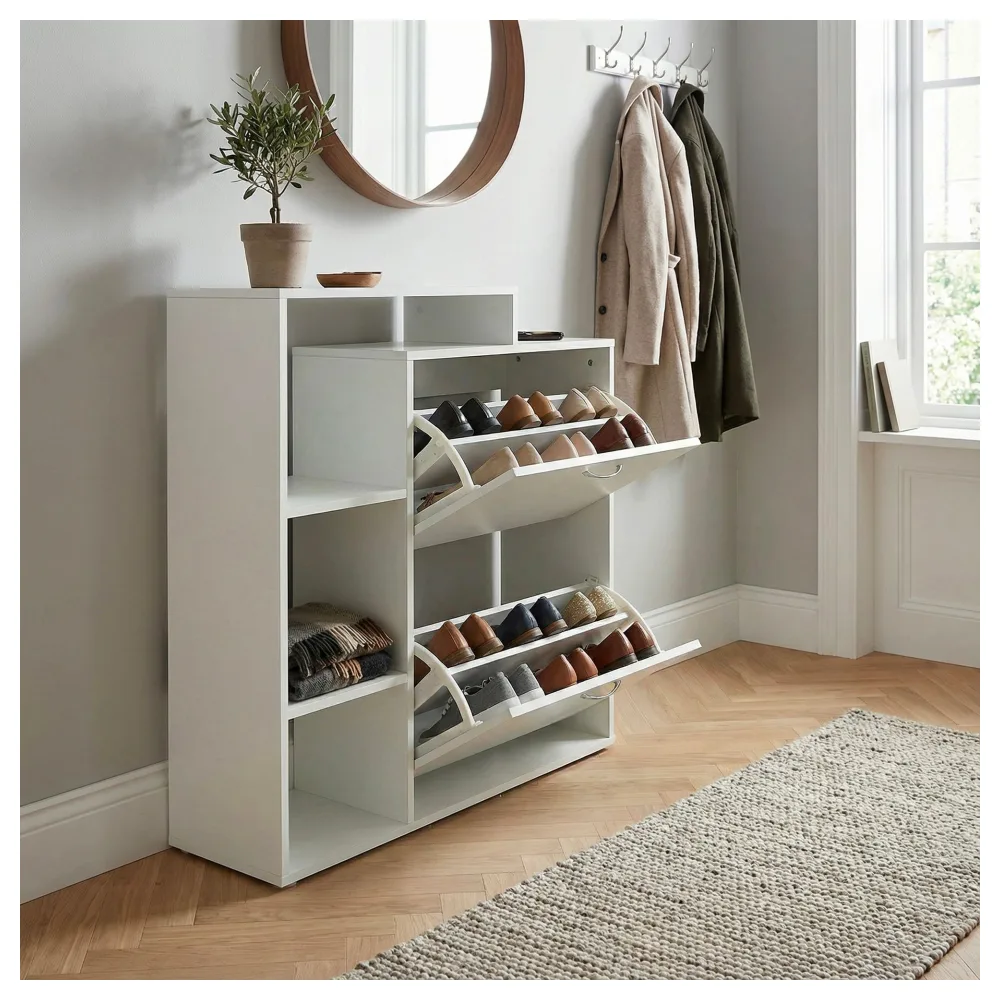FineBuy Moderner Schuhkipper Holz 2 Fächer Weiß 12 Paar Schuhe, Schuhschrank 85 x 24 x 93 cm, Schuhkommode Flur mit Ablage Regal - Schuhregal