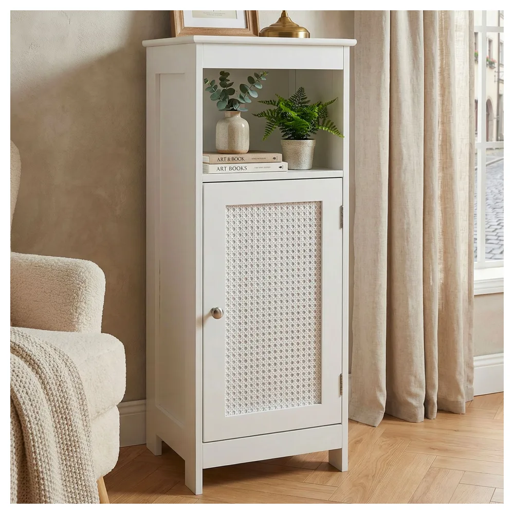 FineBuy Standregal Weiß 80cm – Nischenregal Tür & Ablage Wiener Geflecht – schmales Wohnregal Flur & Wohnzimmer – Stauraumregal - Kleiner Schrank - Kommode