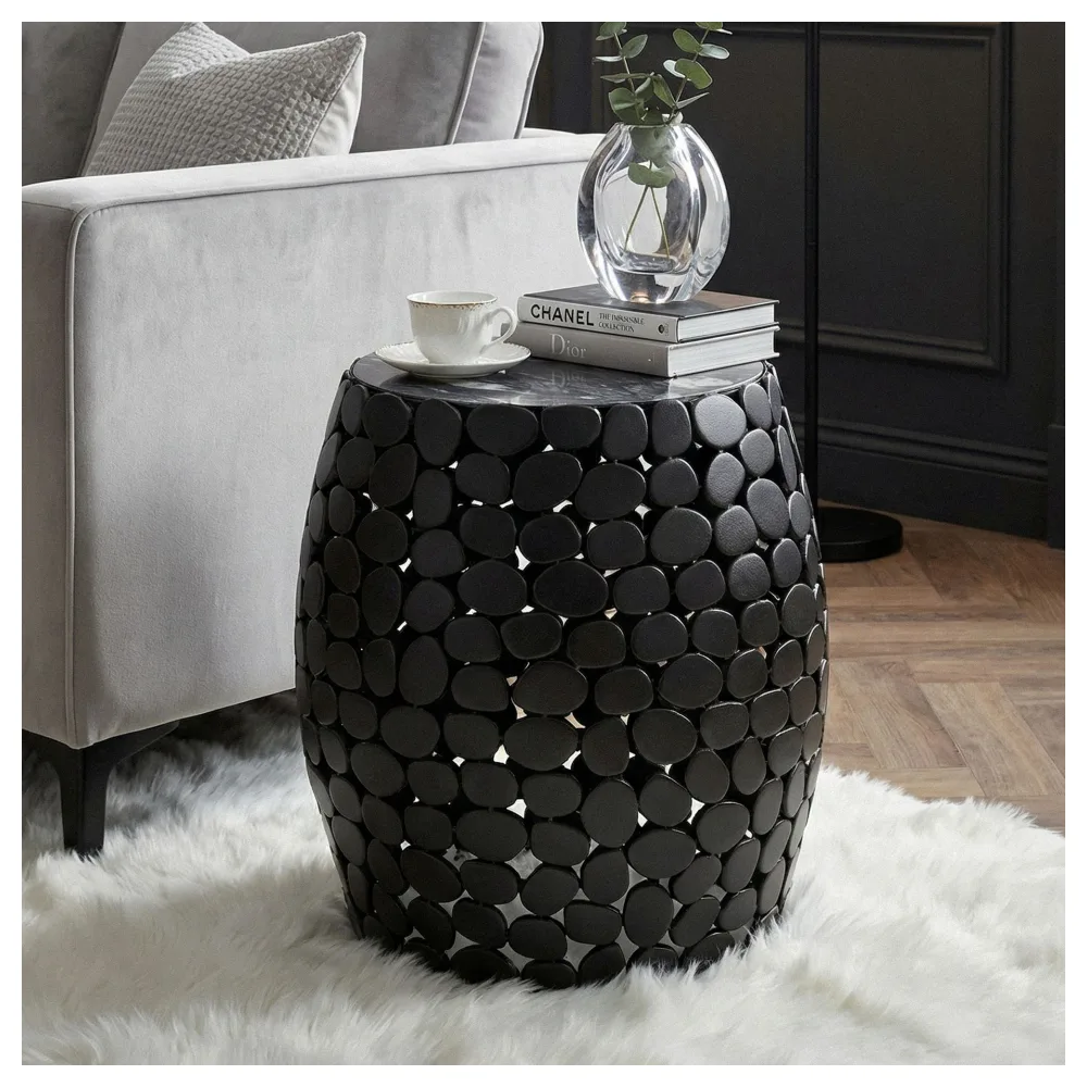 FineBuy Design Beistelltisch rund 40cm aus Aluminium schwarz & Marmor Tischplatte – Couchtisch Alu – Metall Wohnzimmertisch – Dekotisch Handmade