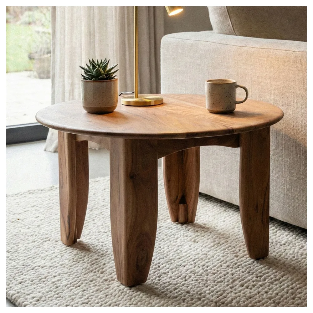 FineBuy Couchtisch Rund 60cm Wohnzimmertisch Akazie Massivholz - Sofatisch Holz Modern - Design Loungetisch Beistelltisch Wohnzimmer Handmade