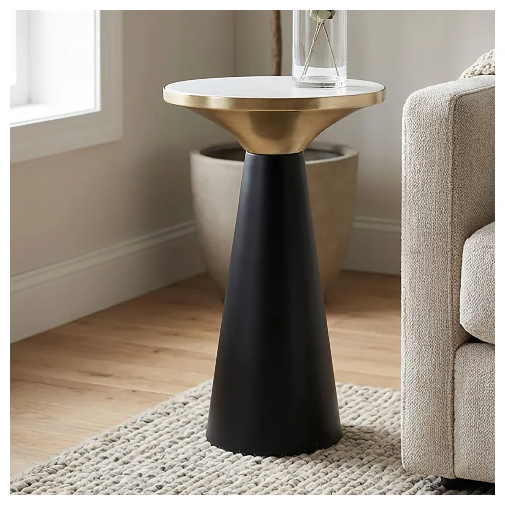 FineBuy Beistelltisch Eisen & Marmor Tischplatte 28cm rund - Kleiner runder Anstelltisch aus Metall Schwarz - Design Wohnzimmertisch - Dekotisch - Couchtisch - Metalltisch Handmade pflegeleicht