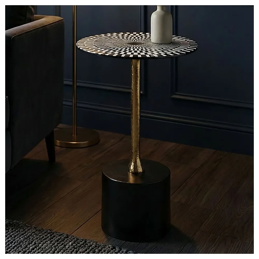 FineBuy Beistelltisch Aluminium 49cm Op-Art-Muster - Kleiner runder Anstelltisch aus Metall - Design Wohnzimmertisch - Dekotisch - Couchtisch - Metalltisch Handmade pflegeleicht